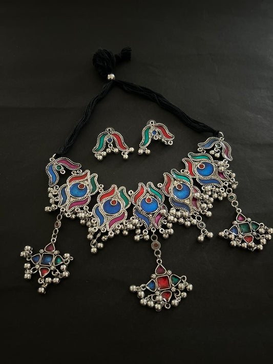 Colorful Oxidized Necklace Set with Jhumka Earrings